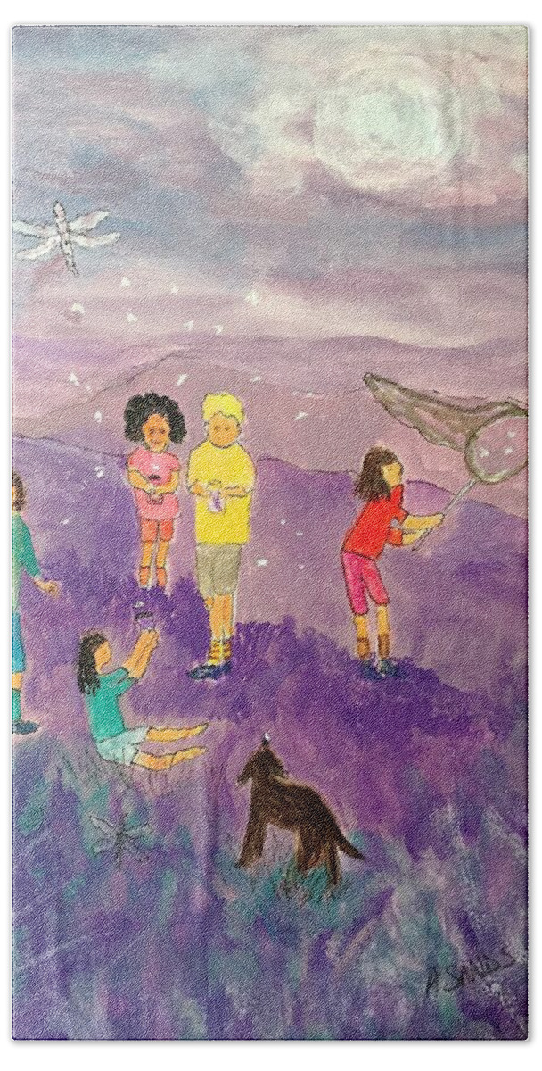 Purple Bath Towel featuring the painting Children Catching Fireflies by Anne Sands