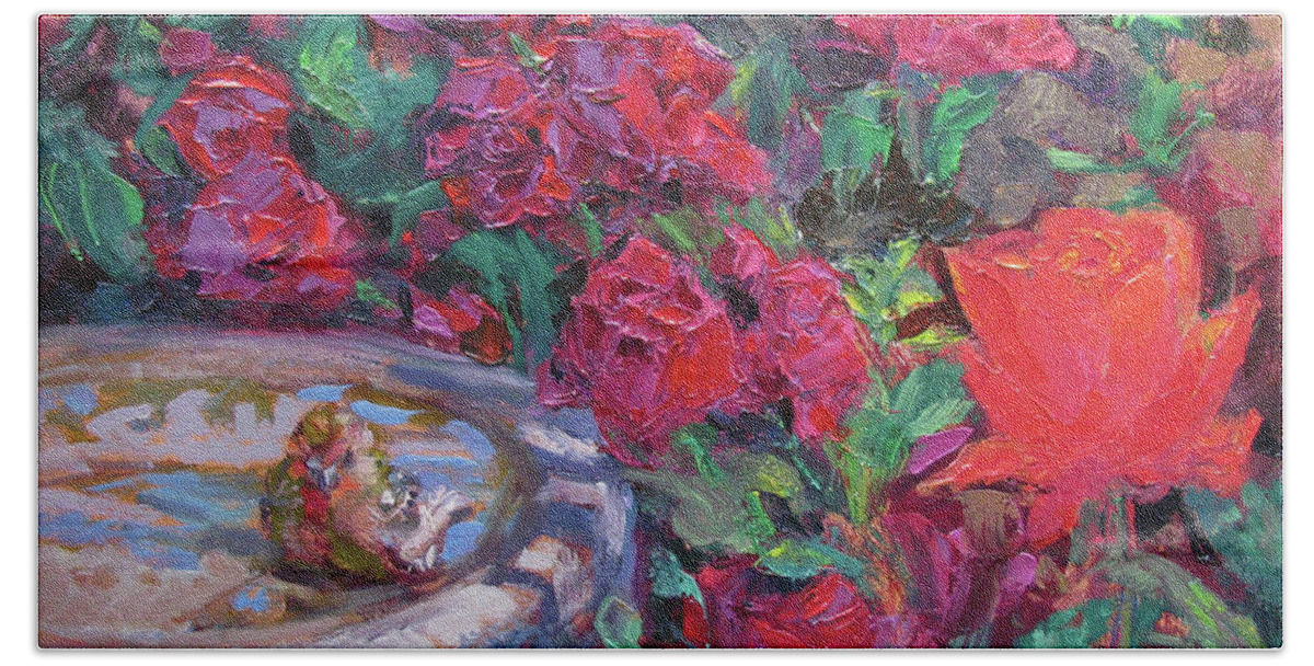 Rose Hand Towel featuring the painting Chillin in the Rose Garden by John McCormick