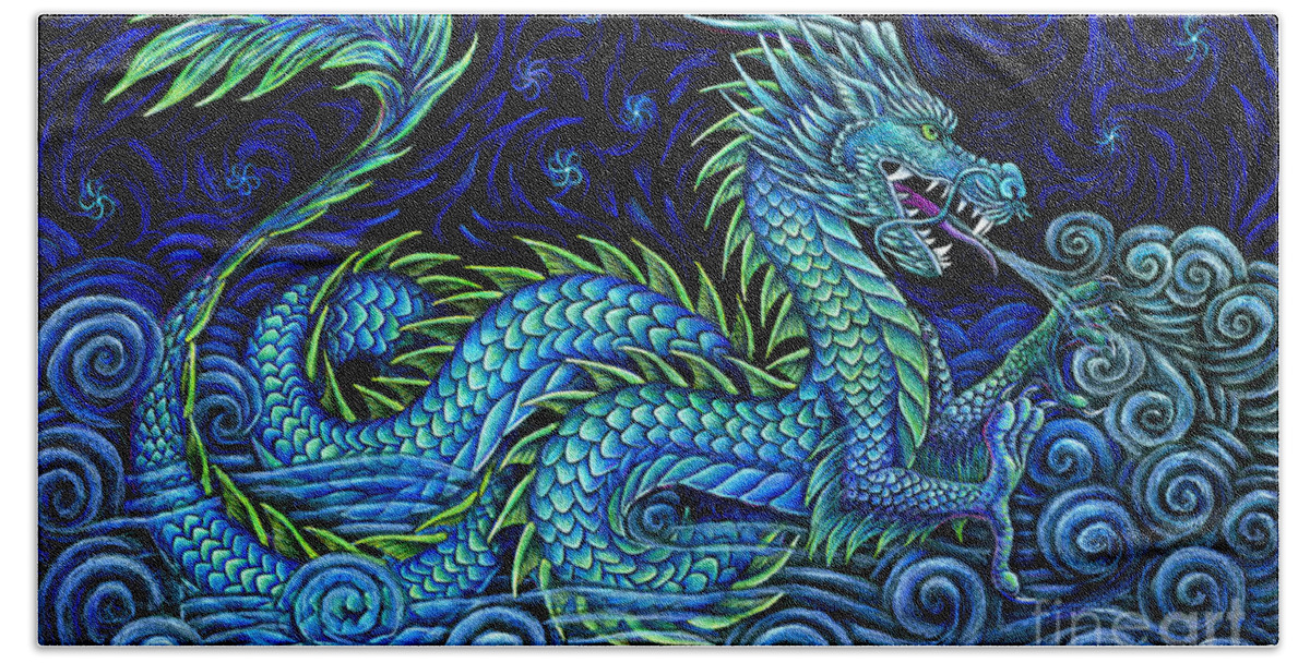Chinese Dragon Hand Towel featuring the drawing Chinese Azure Dragon by Rebecca Wang