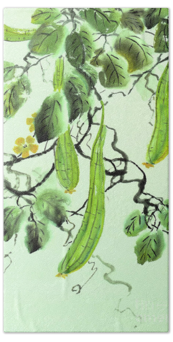 Cucumber Bath Towel featuring the painting Chinese Cucumber - no Cally by Birgit Moldenhauer
