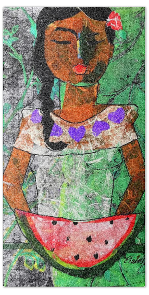 Abstract Portrait Bath Towel featuring the painting Chiquita con Melon by Elaine Elliott