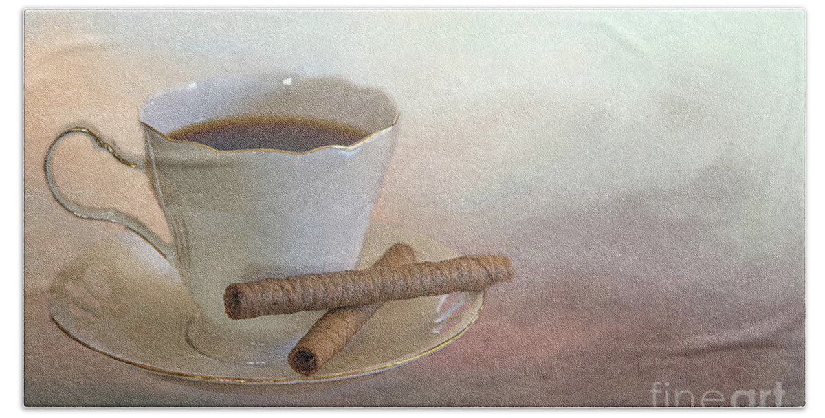Chocolate Wafers Hand Towel featuring the photograph Chocolate Wafers and Hot Coffee by Elisabeth Lucas