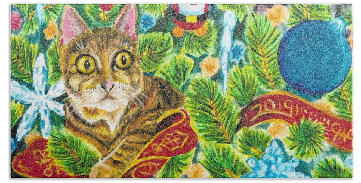 Art Bath Towel featuring the painting Christmas Cat 2 by The GYPSY