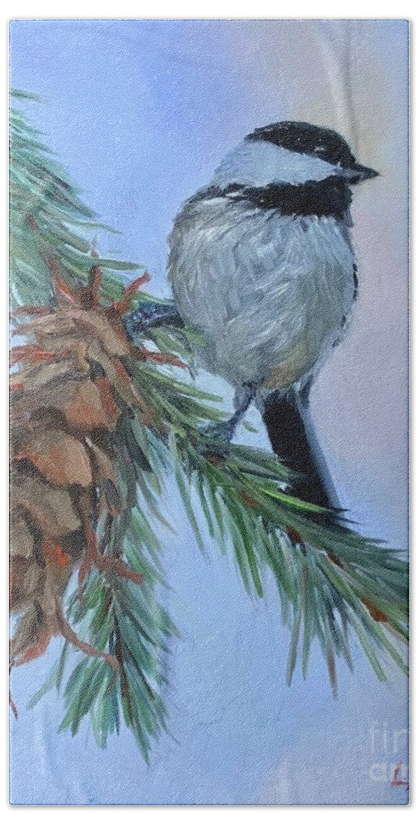 Nature Hand Towel featuring the painting Christmas Chickadee by Lori Ippolito