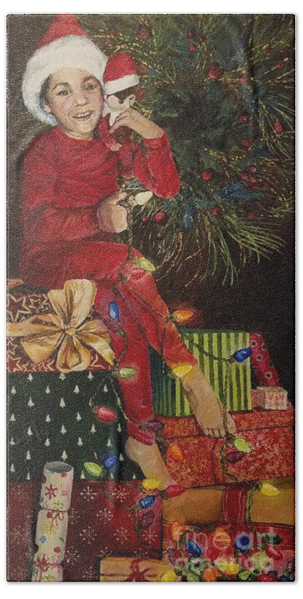 Christmas Hand Towel featuring the painting Christmas elves by Merana Cadorette