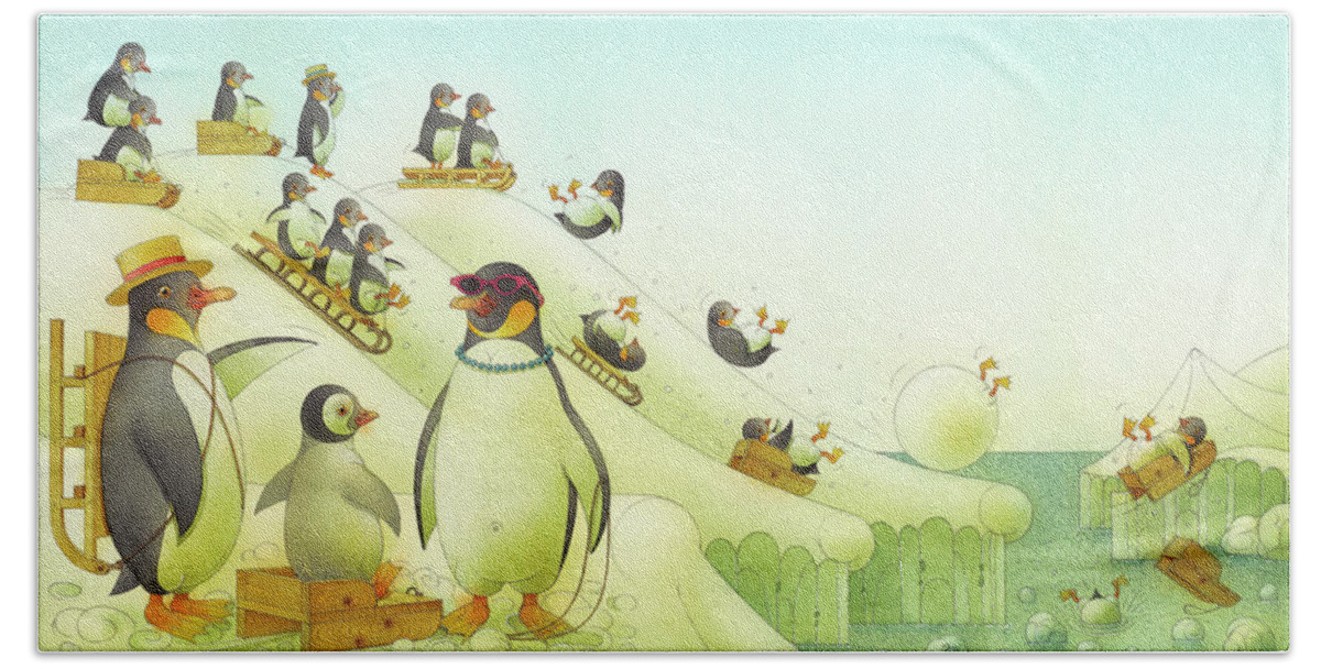 Penguins Sledge Winter Snow Christmas Ocean Antarctic Bathing Christmascard Holydays Hand Towel featuring the drawing Christmas for the Penguins by Kestutis Kasparavicius