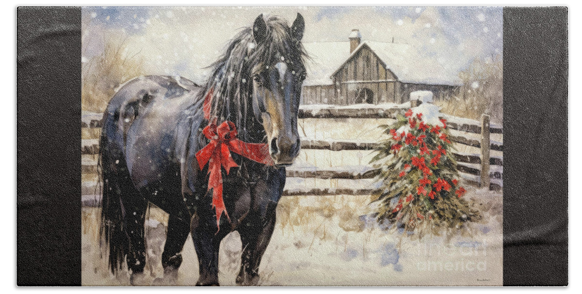 Horse Bath Towel featuring the painting Christmas Friesian by Tina LeCour