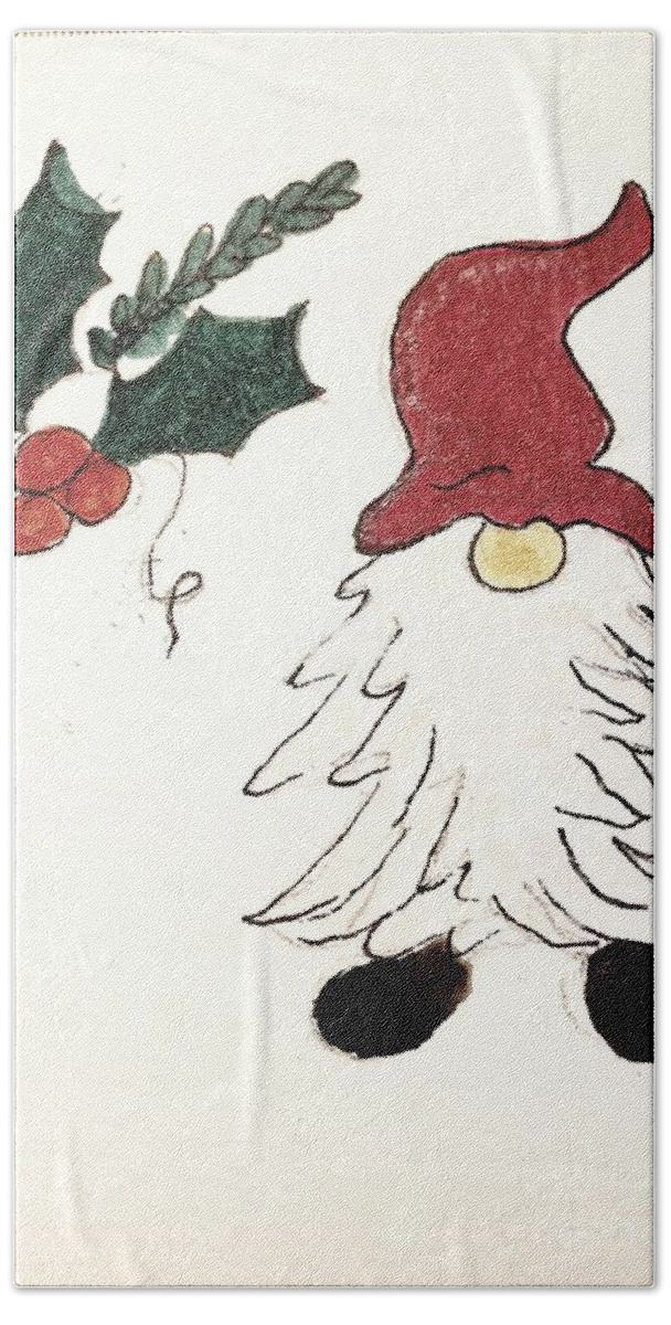  Hand Towel featuring the painting Christmas Gnome by Margaret Welsh Willowsilk