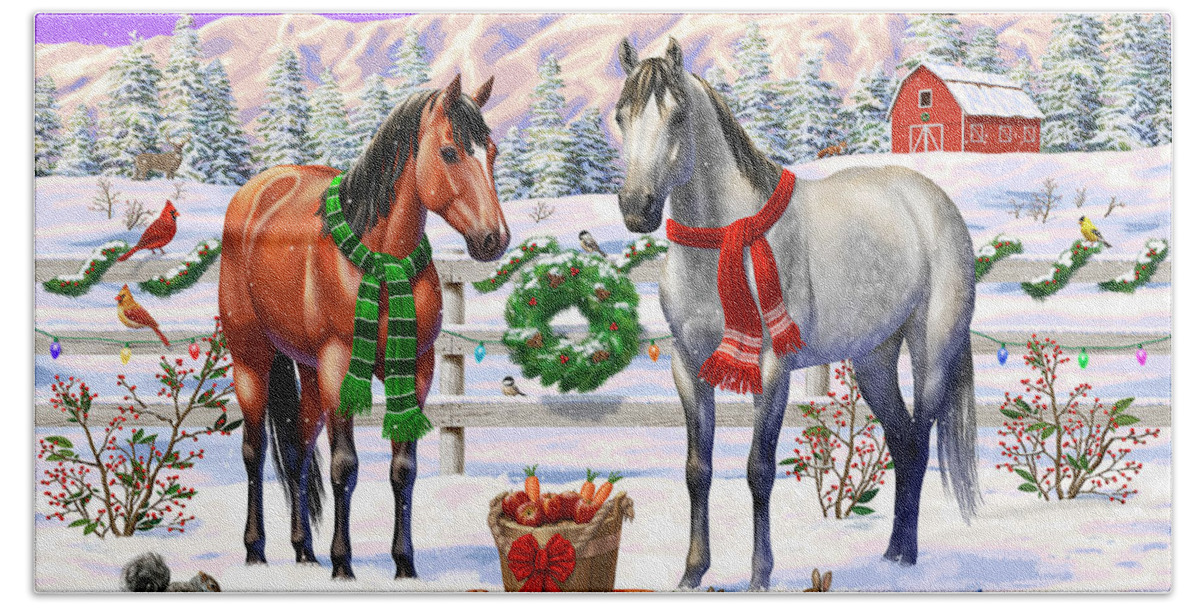 Christmas Bath Towel featuring the painting Christmas Horses Winter Farm Scene by Crista Forest