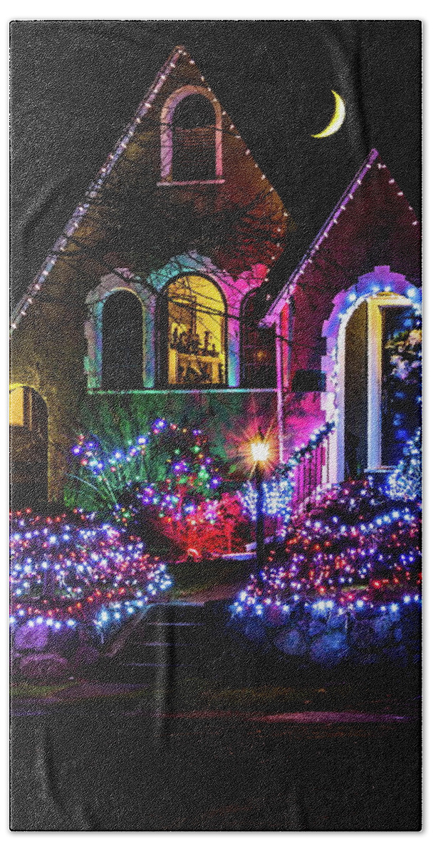Alex Lyubar Bath Towel featuring the photograph Christmas house on a moonlit night by Alex Lyubar