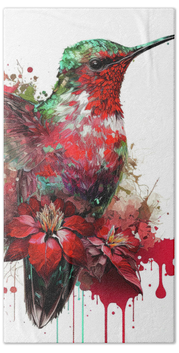 Christmas Hand Towel featuring the painting The Christmas Hummingbird by Tina LeCour