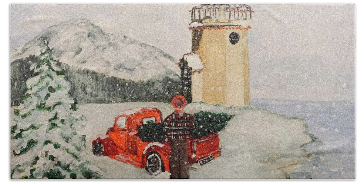 Rainier Hand Towel featuring the painting Christmas in the Harbor by Juliette Becker