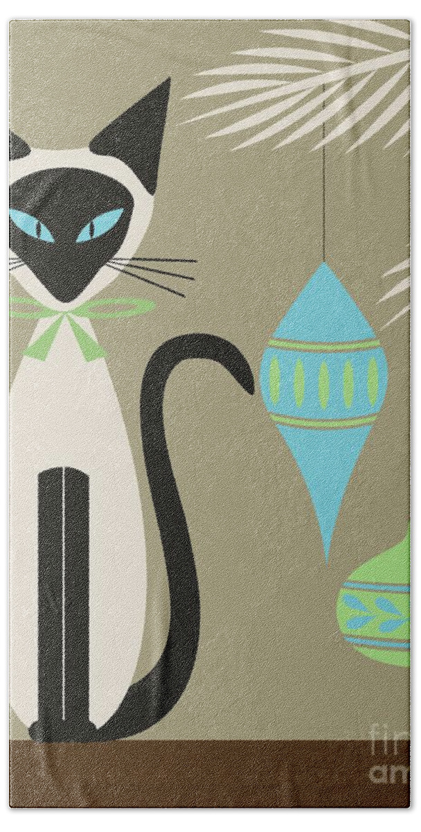 Mid Century Cat Bath Towel featuring the digital art Christmas Siamese with Ornaments by Donna Mibus