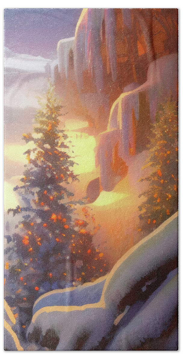 Tree Bath Towel featuring the digital art Christmas Tree Under icy rocks at sunrise by Darren White