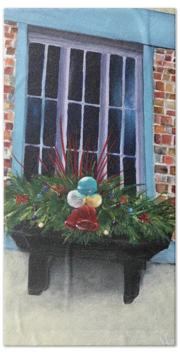 Holiday Hand Towel featuring the painting Christmas Window Box by Deborah Naves