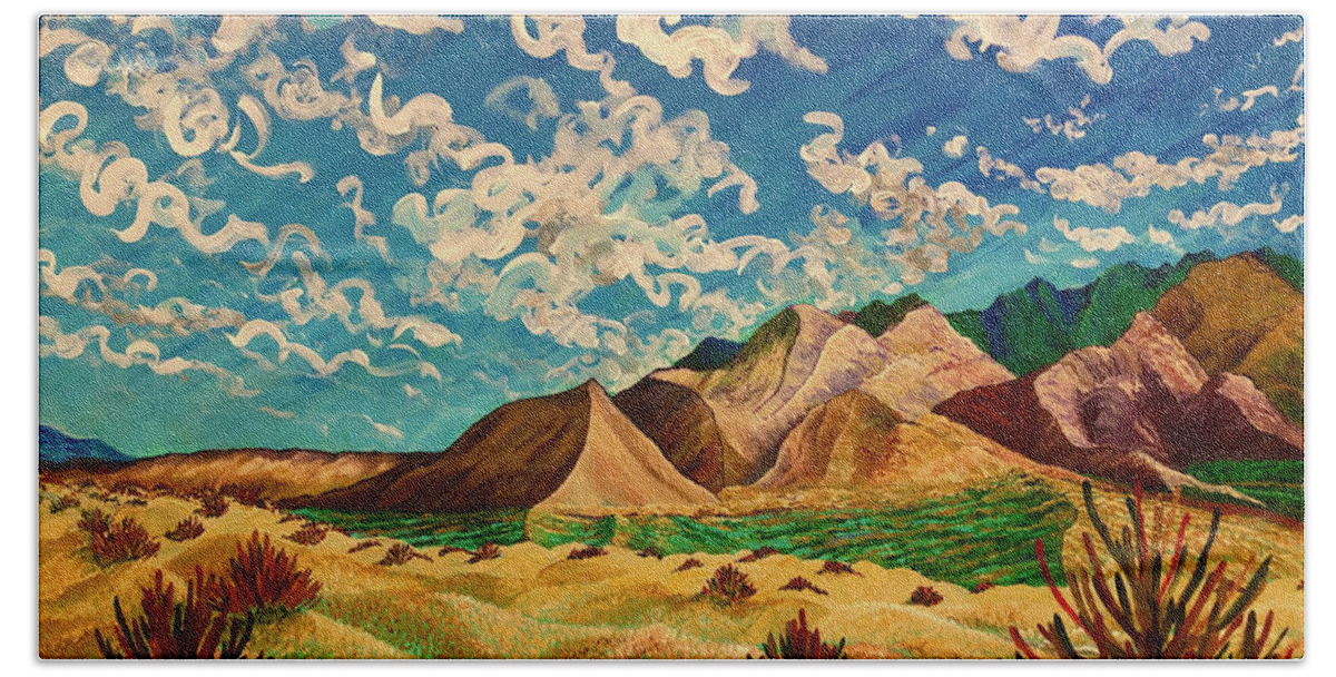 Skies Hand Towel featuring the painting Cielo alegre. Happy sky. Death Valley, California. by ArtStudio Mateo