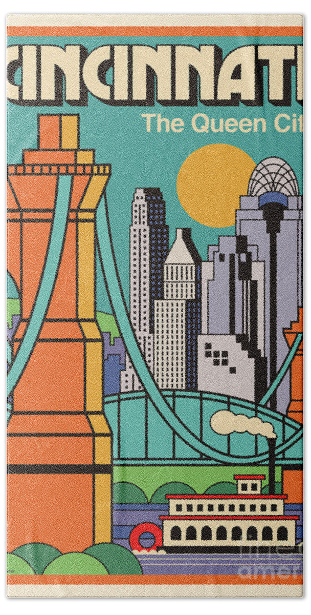 Cincinnati Bath Sheet featuring the digital art Cincinnati Poster - Vintage Pop Art Style by Jim Zahniser