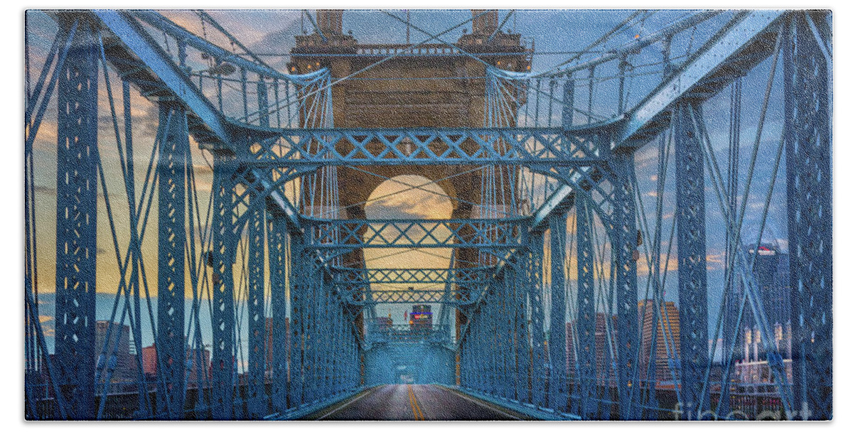 America Bath Towel featuring the photograph Cincinnati Suspension Bridge by Inge Johnsson