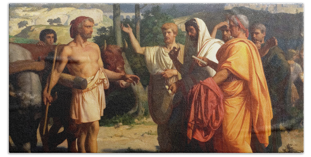 Cincinnatus Hand Towel featuring the painting Cincinnatus Receiving Deputies of the Senate by Alexandre Cabanel by Mango Art