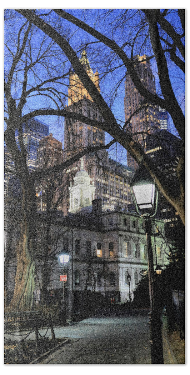 New York City Hand Towel featuring the photograph City Hall Park at Twilight with Woolworth Tower by Steve Ember