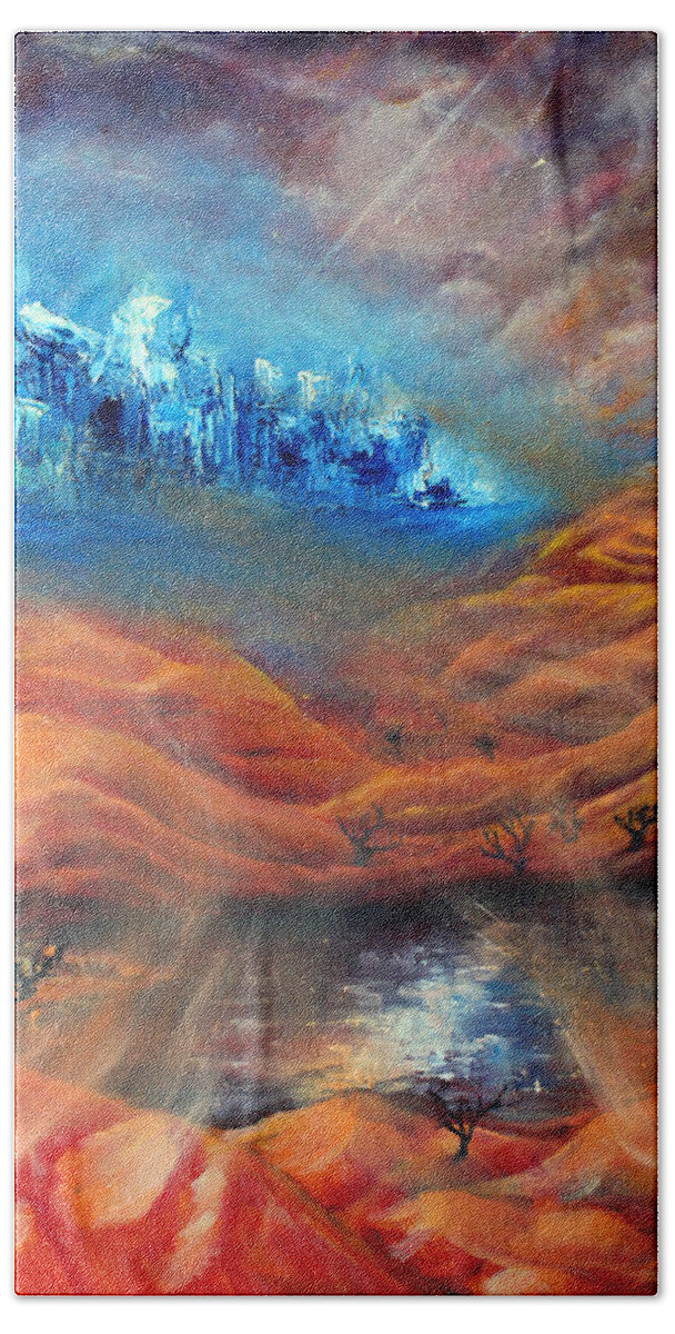 Desert Hand Towel featuring the painting City in the Desert by Medea Ioseliani