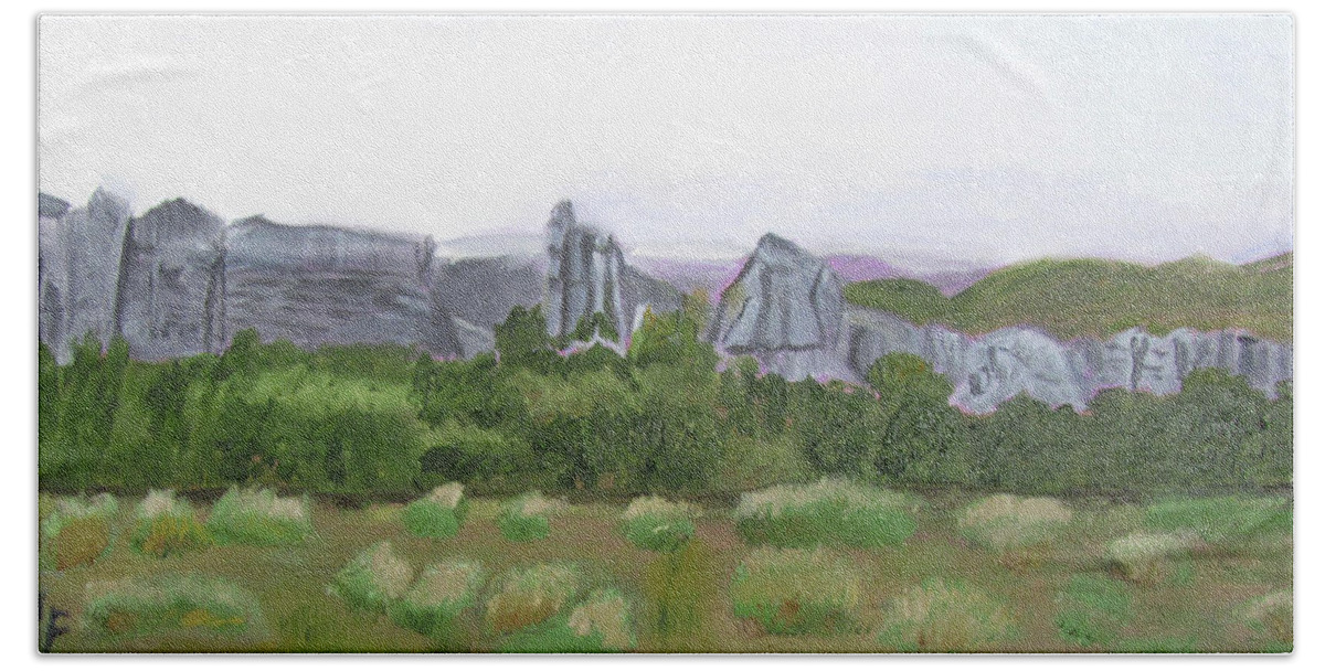 Idaho Hand Towel featuring the painting City of Rocks climbing area by Linda Feinberg