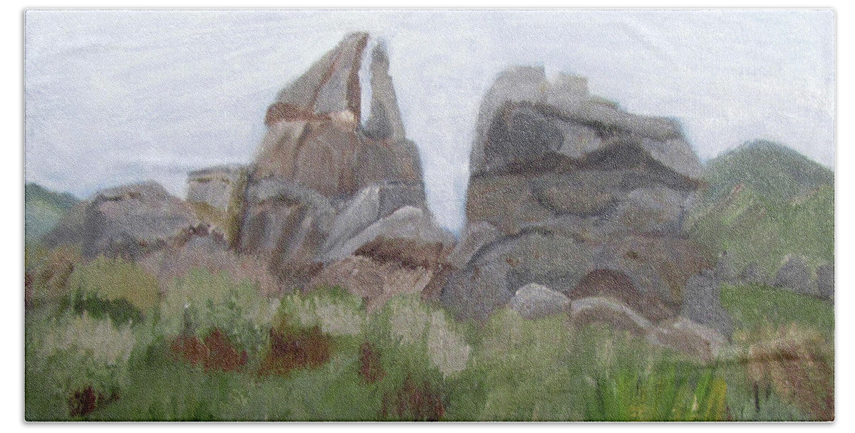 Idaho Hand Towel featuring the painting City of Rocks by Linda Feinberg