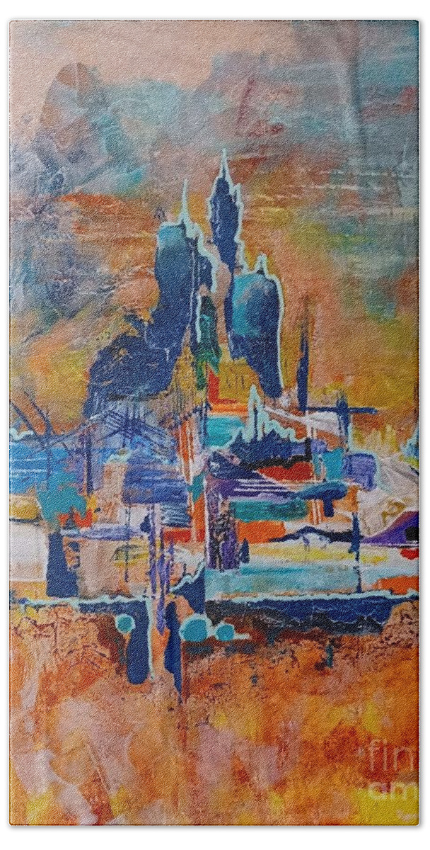 Abstract Bath Towel featuring the painting City view  by Maria Karlosak