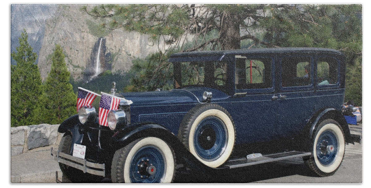 Vintage Bath Towel featuring the photograph Classic Car Cruisin' In Yosemite. by Bonnie Colgan