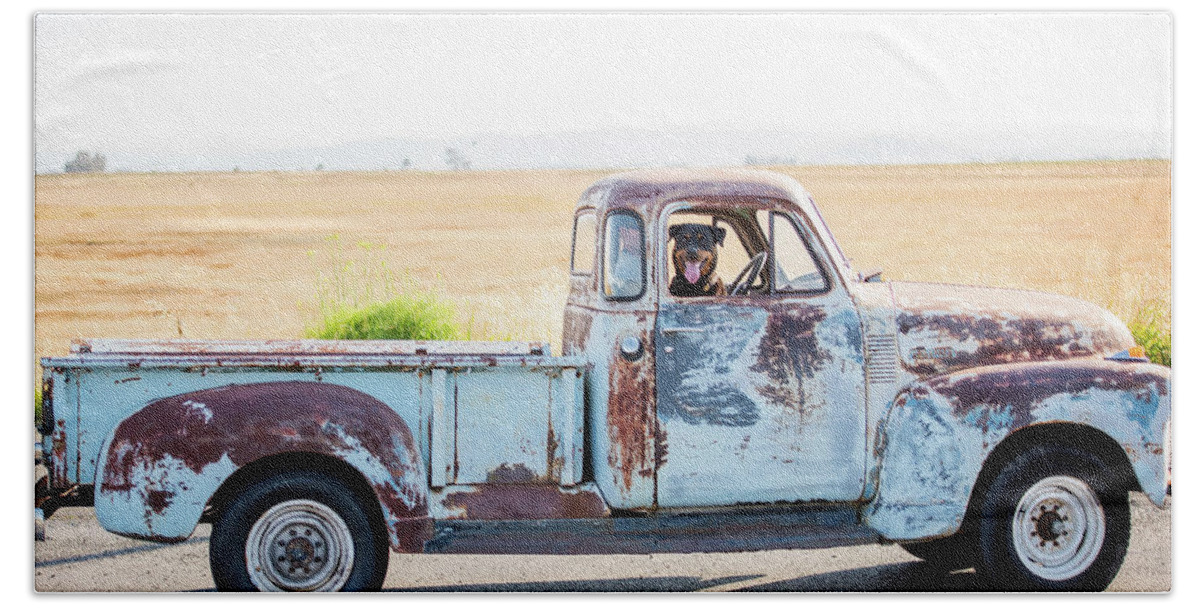 Classic Truck Bath Towel featuring the photograph Classic Truck and Man's best friend by Aileen Savage