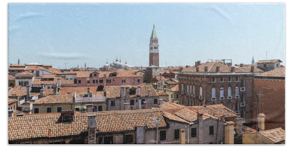 Classic Venetian Bath Towel featuring the photograph Classic Venetian - Terracotta Rooftops Vista Centered on Saint Mark Basilica Campanile by Georgia Mizuleva
