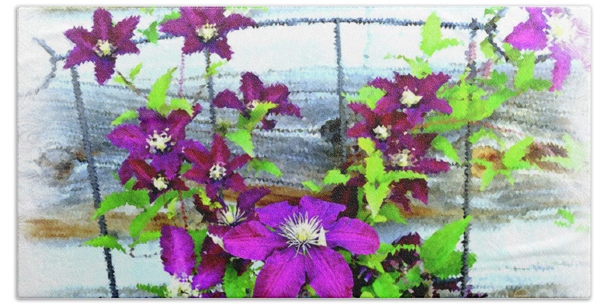 Flower Hand Towel featuring the mixed media Clematis on Wire Trellis by Kae Cheatham