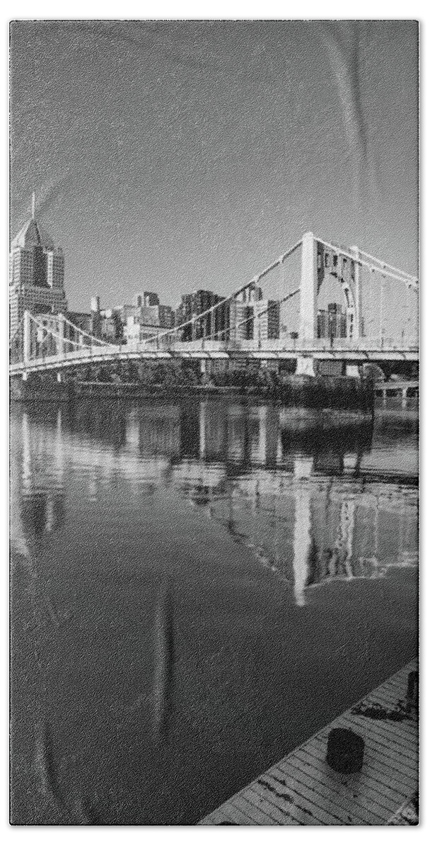 Pittsburgh Skyline Hand Towel featuring the photograph Clemente Bridge And Pittsburgh Skyline - Black And White by Gregory Ballos