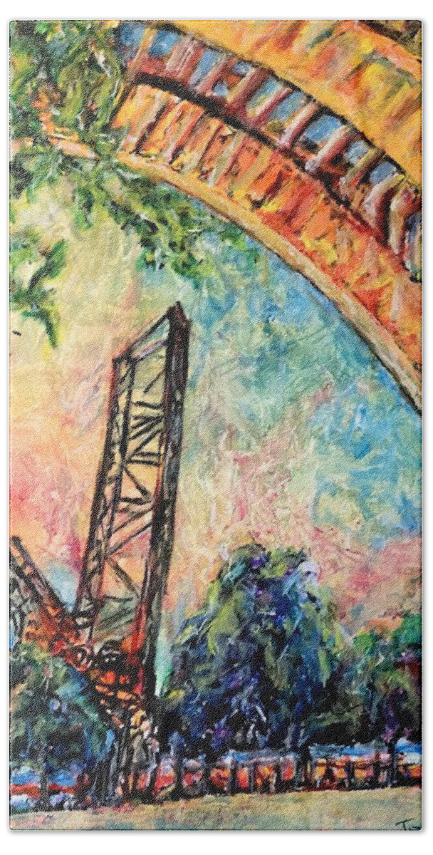 B&o Ohio Railway Bridge Cleveland Flats Lorain Ave Bridge Hand Towel featuring the painting Cleveland Bridges by John Bohn