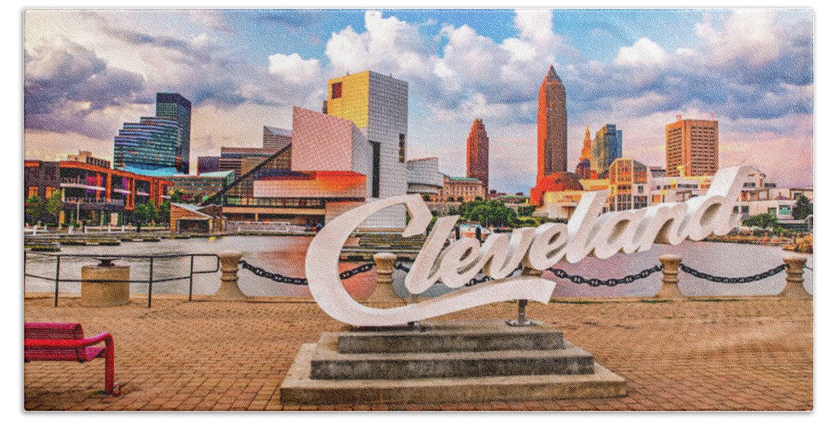 Cleveland Skyline Hand Towel featuring the photograph Cleveland Skyline and Script Sign on North Coast Harbor by Gregory Ballos