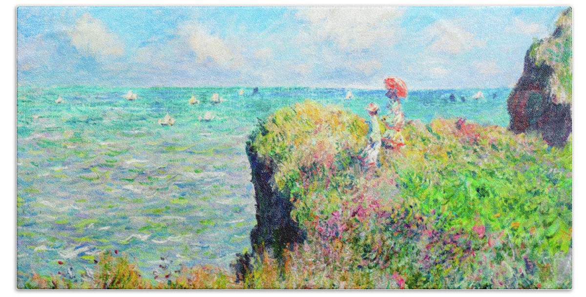 Cliff Walk At Pourville Hand Towel featuring the painting Cliff Walk at Pourville by Claude Monet by Claude Monet