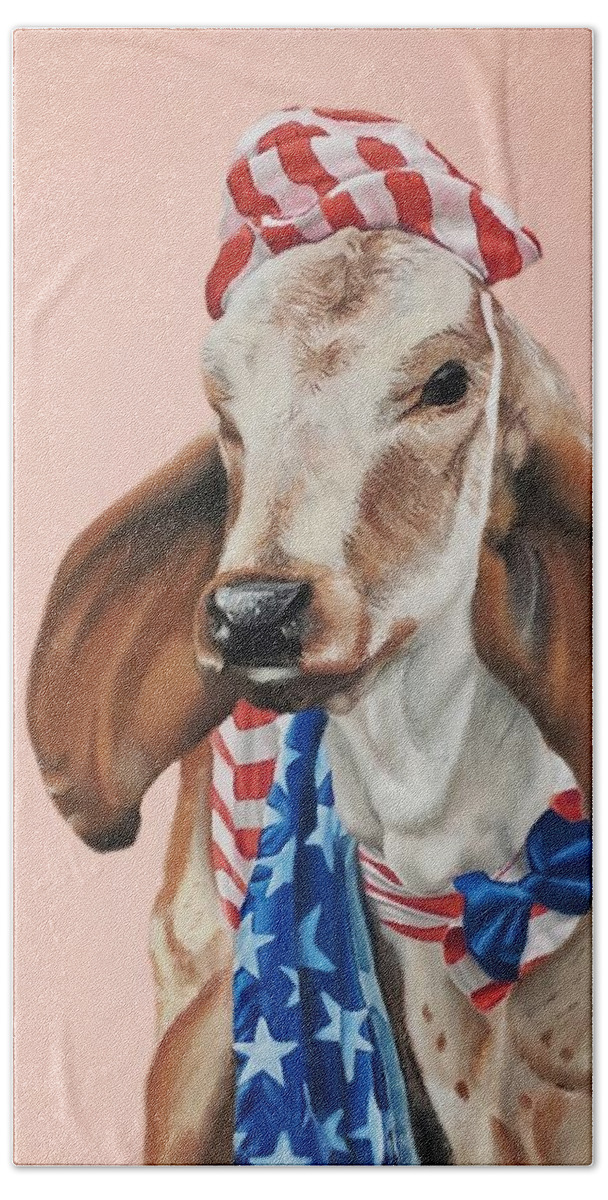 Cow Art Bath Towel featuring the painting Clifford in pink by Alexis King-Glandon