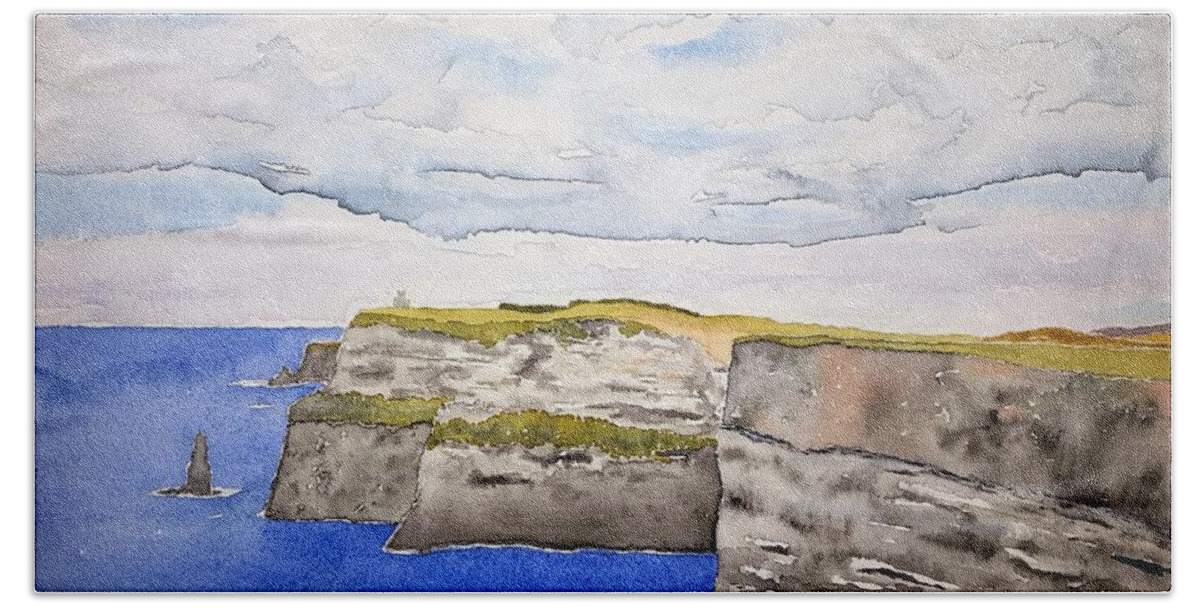 Watercolor Bath Towel featuring the painting Cliffs of Moher by John Klobucher