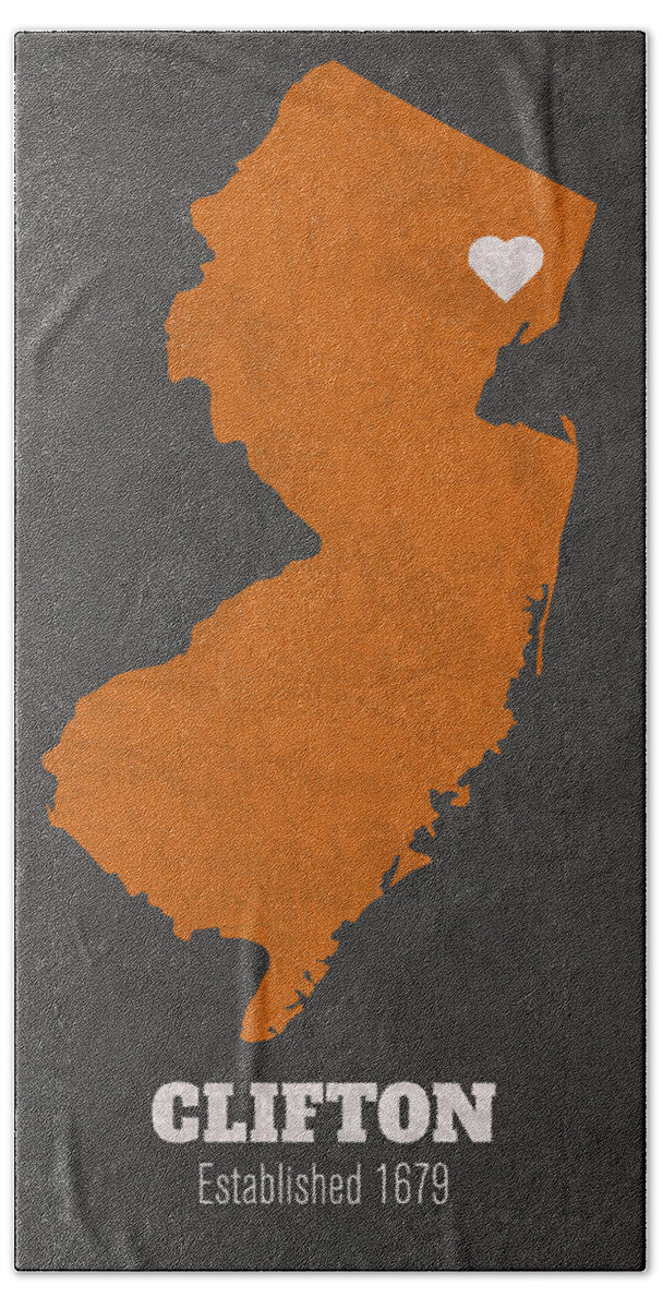 Clifton Hand Towel featuring the mixed media Clifton New Jersey City Map Founded 1679 Princeton University Color Palette by Design Turnpike