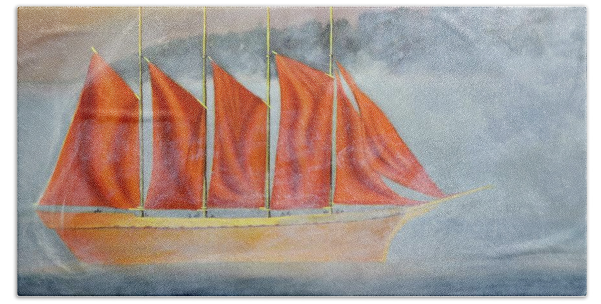 Clipper Ship Sailboat Large Orange Sail Ship Fog Clipper Ship Bath Towel featuring the painting Clipper Ship in the Mist by Dorsey Northrup