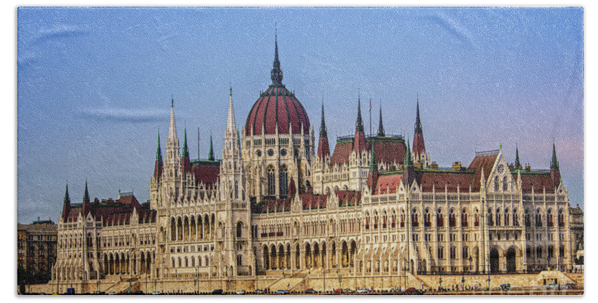 Budapest Bath Towel featuring the photograph Close up shot of the Hungarian Parliament building by Mendelex Photography