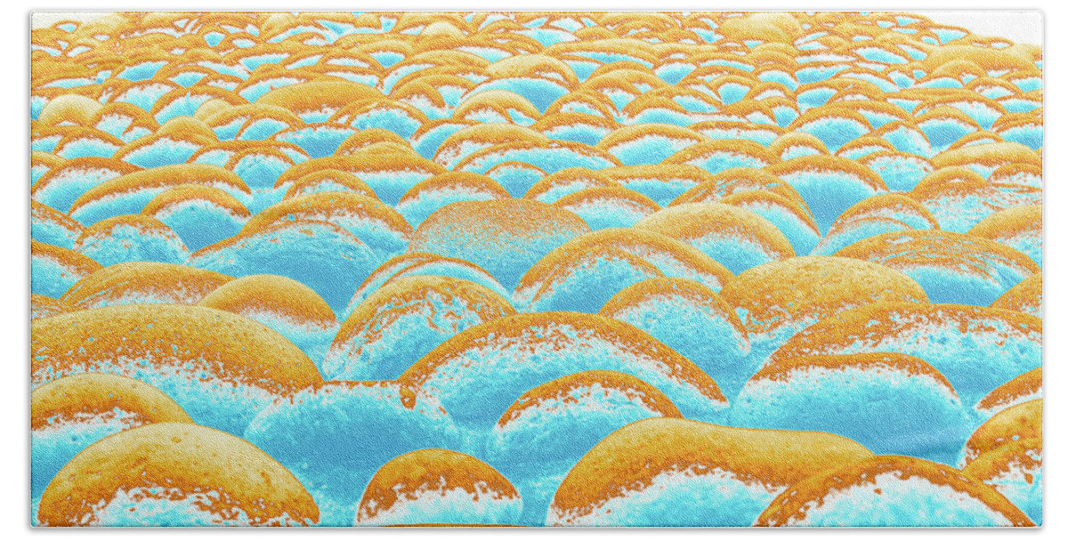 Abstract Bath Towel featuring the digital art Close Up To A Rock Wall, Light Blue, Yellow, Brown, And White by David Desautel