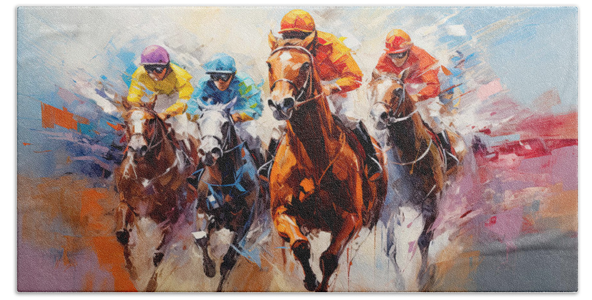 Horse Racing Hand Towel featuring the painting Close Win - Horse Racing Wall Art - Louisville Kentucky Art by Lourry Legarde
