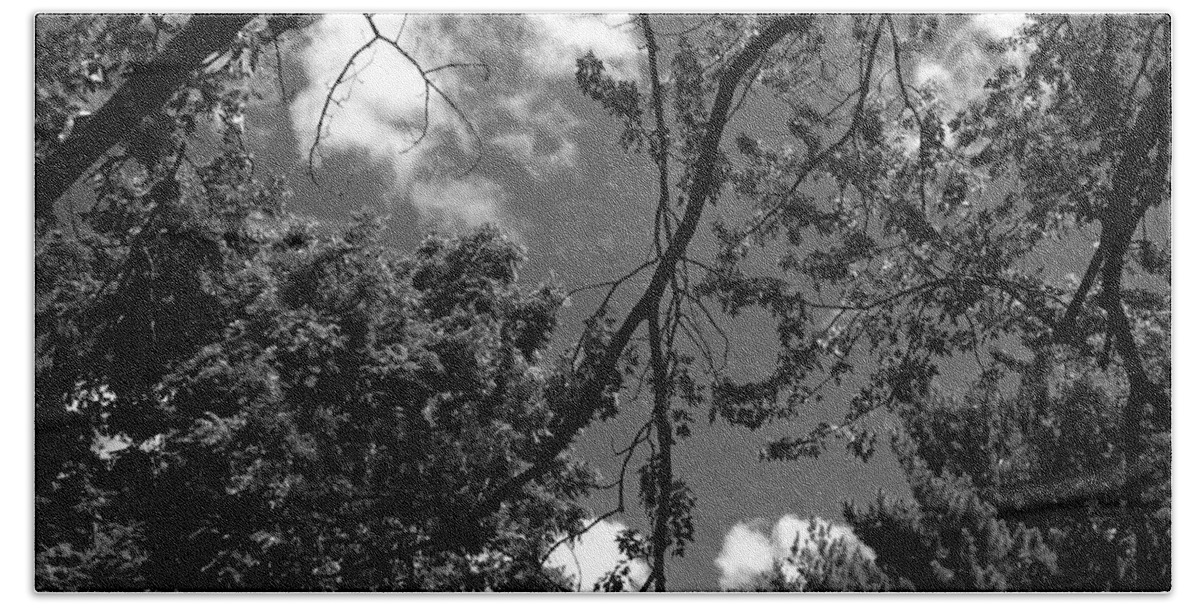 Nature Bath Towel featuring the photograph Clouds and Trees Black and White - Frank J Casella by Frank J Casella