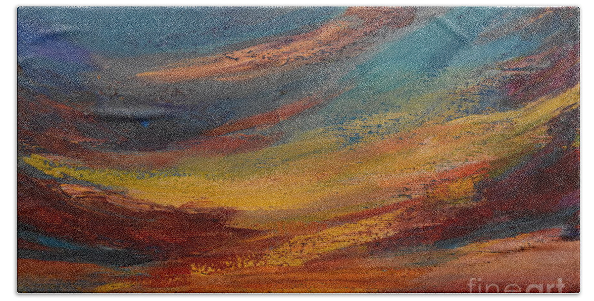 Nature Hand Towel featuring the painting Clouds come floating into my life, to add color to my sunset sky detail by Leonida Arte