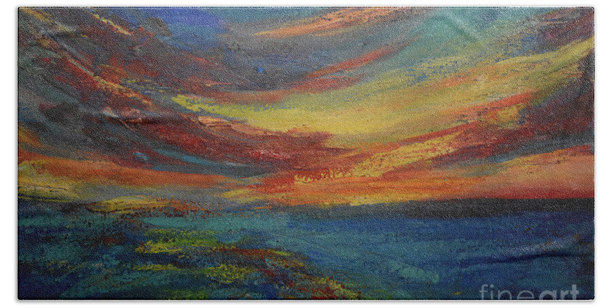 Nature Bath Towel featuring the painting Clouds come floating into my life, to add color to my sunset sky by Leonida Arte