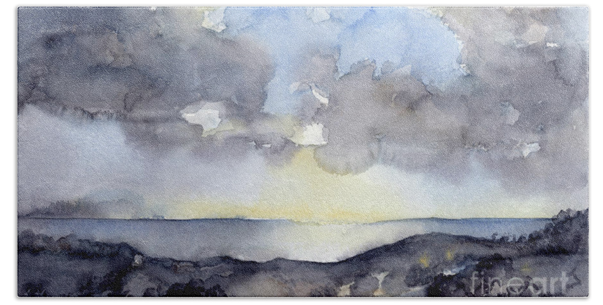 Watercolor Hand Towel featuring the painting Clouds over the sea by Adriana Mueller