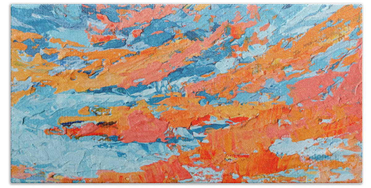 Sky Painting Bath Towel featuring the painting Cloudscape Orange Sunset Over and Open Field by Patricia Awapara