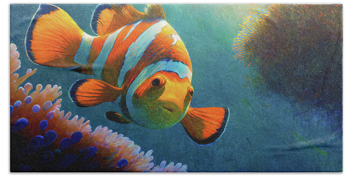 Ocean Hand Towel featuring the digital art Clown Fish Underwater by Billy Bateman