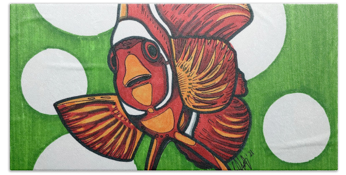 Clownfish Bath Towel featuring the drawing Clownfish on Green by Creative Spirit